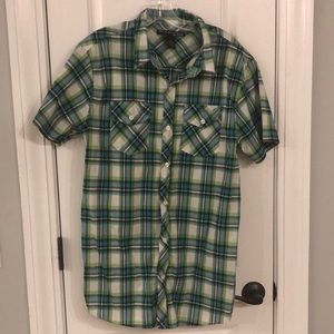 Green and blue plaid button down short sleeve shirt